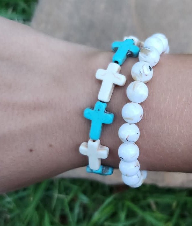 Turquoise Cross & White Seashell Bracelets